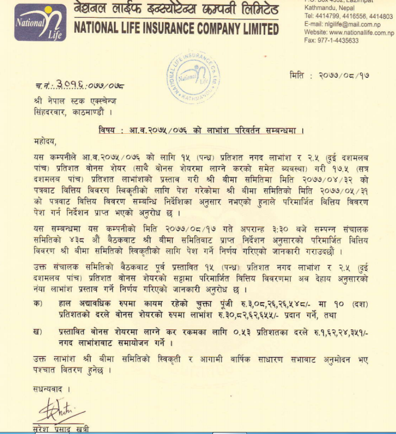 नेशनल लाइफ इन्स्योरेन्स कम्पनीले १० प्रतिशत बाेनस दिने 