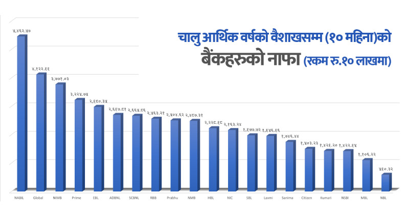 १० महिनामा बैंकले कमाए ५३ अर्ब नाफा, नबिलकाे मात्रै साढे ५ अर्ब